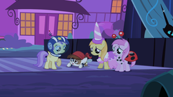 Size: 1280x720 | Tagged: safe, screencap, alula, noi, pipsqueak, piña colada, pluto, earth pony, pony, g4, luna eclipsed, clothes, colt, costume, male, nightmare night, nightmare night costume