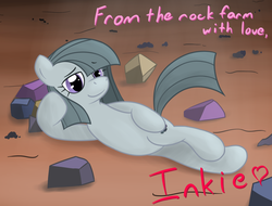 Size: 958x729 | Tagged: safe, artist:hip-indeed, marble pie, earth pony, pony, g4, bedroom eyes, pinup, rock, solo
