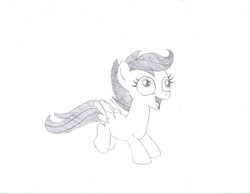 Size: 1014x788 | Tagged: safe, artist:zippybing, scootaloo, g4, one bad apple, derp, monochrome, pencil drawing, redraw, traditional art