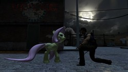 Size: 1344x756 | Tagged: safe, fluttershy, human, pegasus, pony, g4, 3d, ash williams, evil dead, female, gmod, male, mare