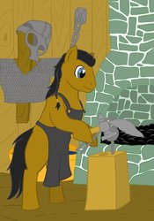 Size: 748x1069 | Tagged: safe, artist:darkhestur, oc, oc only, earth pony, pony, blacksmith, blank flank, norse, solo