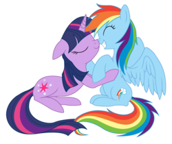 Size: 1070x900 | Tagged: safe, artist:doctorraz, artist:mn27, rainbow dash, twilight sparkle, pegasus, pony, unicorn, g4, boop, eyes closed, female, floppy ears, grin, happy, hug, lesbian, mare, noseboop, nuzzling, ship:twidash, shipping, simple background, sitting, smiling, spread wings, squee, transparent background, unicorn twilight, vector, wingboner, wings