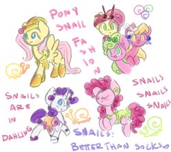 Size: 900x800 | Tagged: safe, artist:otterlore, daisy, flower wishes, fluttershy, lily, lily valley, pinkie pie, rarity, roseluck, snail, g4, clothes, dress, fashion, flower trio, hat, simple background, sketch, snail fashion, white background