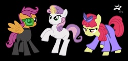 Size: 1050x500 | Tagged: safe, artist:thedoctorwhooves, apple bloom, scootaloo, sweetie belle, g4, costume, cutie mark crusaders, martial arts