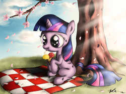 Size: 4000x3000 | Tagged: safe, artist:neko-me, twilight sparkle, pony, unicorn, g4, cherry blossoms, cute, daaaaaaaaaaaw, female, filly, filly twilight sparkle, flower, flower blossom, high res, ice cream, picnic, picnic blanket, solo, tree, twiabetes, unicorn twilight, weapons-grade cute, younger