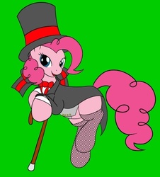 Size: 576x638 | Tagged: safe, artist:btbunny, pinkie pie, earth pony, pony, g4, cane, clothes, female, fishnet stockings, frock coat, green background, hat, lime background, simple background, solo, stockings, top hat, tuxedo