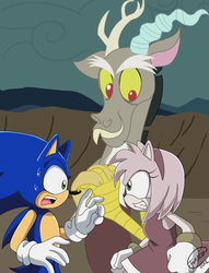 Size: 1078x1411 | Tagged: safe, artist:familyof6, discord, draconequus, hedgehog, g4, amy rose, crossover, discorded, male, sonic the hedgehog, sonic the hedgehog (series), sonic x, trio