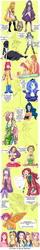 Size: 675x4259 | Tagged: safe, artist:zoe-productions, apple bloom, applejack, big macintosh, discord, fluttershy, pinkie pie, princess luna, rainbow dash, rarity, scootaloo, twilight sparkle, g4, alice: madness returns, alternate hairstyle, barefoot, breasts, brush, busty fluttershy, costume, feet, female, grooming, humanized, sketch dump, swapped cutie marks