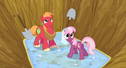 Size: 1366x738 | Tagged: safe, screencap, big macintosh, cheerilee, earth pony, pony, g4, hearts and hooves day (episode), confused, duo, hearts and hooves day, male, mattress, pit, pouting, shovel, stallion, wedding veil
