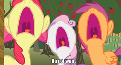 Size: 960x519 | Tagged: safe, edit, edited screencap, screencap, apple bloom, scootaloo, sweetie belle, g4, hearts and hooves day (episode), bad end, big no, cutie mark crusaders, do not want, hearts and hooves day, no