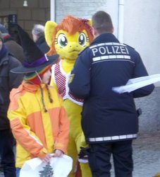 Size: 600x662 | Tagged: safe, artist:atalonthedeer, oc, oc only, oc:canni soda, fursuit, germany, hat, irl, photo, police, witch hat