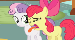 Size: 1366x738 | Tagged: safe, screencap, apple bloom, sweetie belle, g4, hearts and hooves day (episode), faic, hearts and hooves day, reaction image, tongue out