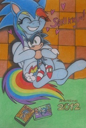 Size: 1024x1513 | Tagged: safe, artist:spectrum-sparkle, rainbow dash, g4, cosplay, crossover, crossover shipping, female, interspecies, love, male, plushie, shipping, sonic the hedgehog, sonic the hedgehog (series), sonicdash, straight, traditional art