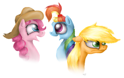 Size: 884x554 | Tagged: safe, artist:agussska, applejack, pinkie pie, rainbow dash, g4, alternate hairstyle, loose hair, trio