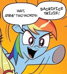 Size: 334x366 | Tagged: safe, idw, applejack, rainbow dash, trixie, g4, comic, exploitable meme, meme, sacrifice, two words meme