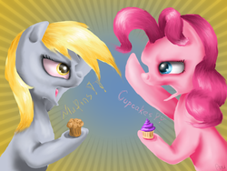 Size: 800x600 | Tagged: safe, artist:agussska, derpy hooves, pinkie pie, pegasus, pony, g4, cupcake, cupcakes vs muffins, duo, female, mare, muffin