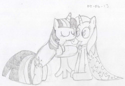 Size: 649x450 | Tagged: safe, artist:unlicensedbrony, trixie, twilight sparkle, g4, boop, female, lesbian, monochrome, ship:twixie, shipping, traditional art