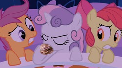 Size: 1280x720 | Tagged: safe, artist:sweetieburger, edit, edited screencap, screencap, apple bloom, scootaloo, sweetie belle, g4, stare master, burger, cutie mark crusaders, ponies eating meat