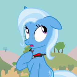 Size: 720x720 | Tagged: safe, screencap, trixie, pony, unicorn, g4, magic duel, alicorn amulet, female, floppy ears, mare, open mouth, raised hoof, sky, solo, tree