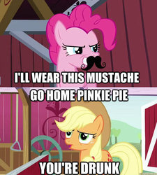 Size: 500x555 | Tagged: safe, applejack, pinkie pie, g4, spike at your service, image macro, moustache