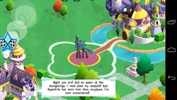 Size: 960x540 | Tagged: safe, gameloft, queen chrysalis, twilight sparkle, android, changeling, changeling queen, g4, cake, dialogue, english, error, female, game screencap, glitch, speech bubble, text