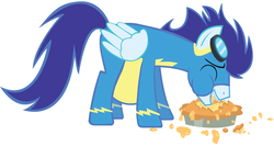 Size: 1733x923 | Tagged: safe, edit, soarin', g4, belly, food baby, messy eating, pie, stuffed, that pony sure does love pies, weight gain