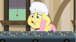 Size: 711x400 | Tagged: safe, screencap, fluttershy, g4, the last roundup, animated, cherry, conveyor belt, female