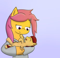 Size: 675x660 | Tagged: safe, artist:pvryohei, scootaloo, oc, oc:lightning blitz, pegasus, pony, g4, baby, baby pony, clothes, colt, crying, female, holding a pony, hoodie, jacket, male, mother and son, motherly scootaloo, offspring, parent:rain catcher, parent:scootaloo, parents:catcherloo, purple background, simple background, tears of joy
