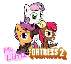 Size: 2150x1950 | Tagged: safe, artist:spikedmauler, apple bloom, scootaloo, sweetie belle, earth pony, pegasus, pony, unicorn, g4, bandolier, clothes, crossover, cutie mark crusaders, eyepatch, mask, necktie, shirt, team fortress 2, trio