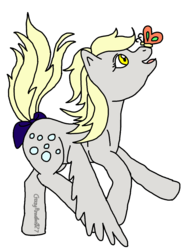 Size: 832x1120 | Tagged: safe, artist:crazypizzafan927, derpy hooves, butterfly, pegasus, pony, g1, g4, bow, cute, derpabetes, derpy hooves (g1), female, g4 to g1, generation leap, insect on nose, looking at something, looking up, profile, simple background, smiling, solo, spread wings, tail bow, transparent background