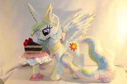 Size: 900x600 | Tagged: safe, artist:karasunezumi, princess celestia, alicorn, pony, g4, cake, cakelestia, irl, photo, plushie, solo, spread wings, wings