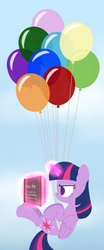 Size: 2500x6000 | Tagged: safe, artist:dtcx97, twilight sparkle, alicorn, pony, g4, balloon, book, cute, female, floating, frown, grumpy, levitation, magic, mare, reading, solo, telekinesis, twilight sparkle (alicorn), twilight sparkle is not amused, unamused