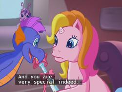 Size: 640x480 | Tagged: safe, screencap, master kenbroath gilspotten heathspike, rarity (g3), tiddly wink, g3, the runaway rainbow, foreshadowing, hilarious in hindsight, magic wand, subtitles, wand