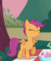 Size: 343x413 | Tagged: safe, screencap, scootaloo, pegasus, pony, g4, hearts and hooves day (episode), animated, animation error, cropped, cute, cutealoo, female, filly, fluttering, foal, happy, hopping, jumping