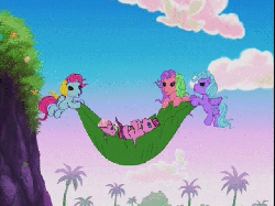 Size: 640x480 | Tagged: safe, screencap, coconut grove, island delight, pinkie pie (g3), skywishes, thistle whistle, friends are never far away, g3, animated, captured, female, leaf, out of context, rescue
