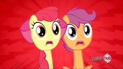 Size: 1440x810 | Tagged: safe, screencap, apple bloom, scootaloo, g4, my little pony: friendship is magic, one bad apple, reaction image