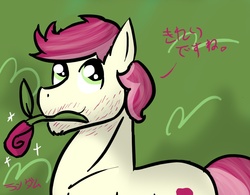 Size: 1109x865 | Tagged: safe, artist:just-random-ish, roseluck, earth pony, pony, g4, 30 minute art challenge, black lines, dialogue, japanese, male, rose, rule 63, solo, stallion, stubble, translated in the comments