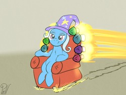 Size: 1280x960 | Tagged: safe, artist:pirill, trixie, pony, unicorn, g4, 30 minute art challenge, armchair, chair, female, invention, rocket, rocket chair, sitting, smug, solo