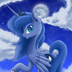 Size: 3000x3000 | Tagged: safe, artist:steffy-beff, princess luna, alicorn, pony, g4, cloud, female, full moon, looking at you, looking back, looking back at you, mare, moon, night, night sky, raised hoof, rear view, sky, solo, starry night