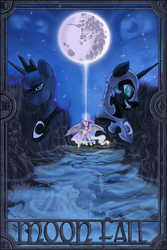 Size: 5964x8952 | Tagged: safe, artist:robd2003, discord, king sombra, nightmare moon, princess celestia, princess luna, star swirl the bearded, moon-fall, g4, absurd resolution, cover, duality, fangs, frown, glowing eyes, grin, magic, mare in the moon, moon, night, poster, sad, smirk