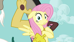 Size: 640x360 | Tagged: safe, screencap, discord, fluttershy, pony, g4, keep calm and flutter on, and there goes the 4th wall, element of kindness, fourth wall, out of context