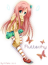Size: 1200x1600 | Tagged: safe, artist:tsukinohikari69, fluttershy, human, g4, anime, bare shoulders, clothes, cute, element of kindness, female, green eyes, hair ornament, hairclip, hand over mouth, humanized, long hair, looking at you, mary janes, miniskirt, moe, pink hair, shyabetes, skirt, socks, solo, stockings, striped legwear, sweatshirt, thigh highs