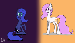 Size: 1735x992 | Tagged: safe, artist:greseres, princess celestia, princess luna, earth pony, pony, g4, duo, earth pony celestia, earth pony luna, female, mare, orange background, pink-mane celestia, purple background, race swap, raised hoof, royal sisters, s1 luna, simple background, younger