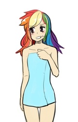 Size: 528x822 | Tagged: safe, artist:freedomthai, edit, rainbow dash, human, g4, ass, blushing, breasts, butt, delicious flat chest, female, humanized, naked towel, rainbow flat, solo, subtle flash, towel