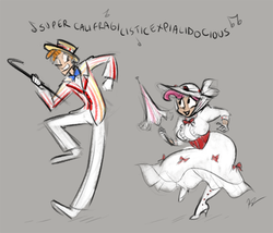 Size: 500x428 | Tagged: safe, artist:egophiliac, carrot cake, cup cake, human, slice of pony life, g4, cane, clothes, crossover, dancing, disney, dress, grin, hat, humanized, mary poppins, open mouth, skinny, smiling, supercalifragilisticexpialidocious, thin, umbrella