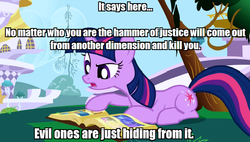 Size: 1208x684 | Tagged: safe, edit, edited screencap, screencap, twilight sparkle, pony, friendship is magic, g4, evil, female, hammer of justice, image macro, justice, karma, propaganda, solo