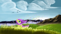 Size: 2400x1333 | Tagged: safe, artist:ardail, fluttershy, pony, g4, female, flower, solo, windswept mane