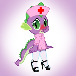 Size: 2000x2000 | Tagged: safe, artist:pyruvate, spike, dragon, g4, blushing, clothes, crossdressing, femboy, femboy spike, high heels, male, nurse, nurse spike, sissy, stockings