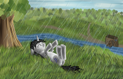 Size: 1600x1029 | Tagged: safe, artist:polex-p, oc, oc only, pony, unicorn, eyes closed, floppy ears, hill, horn, lying, lying down, on back, rain, river, solo, unicorn oc, wet