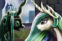 Size: 3000x2000 | Tagged: dead source, safe, artist:viwrastupr, princess celestia, queen chrysalis, alicorn, changeling, changeling queen, pony, g4, female, fight